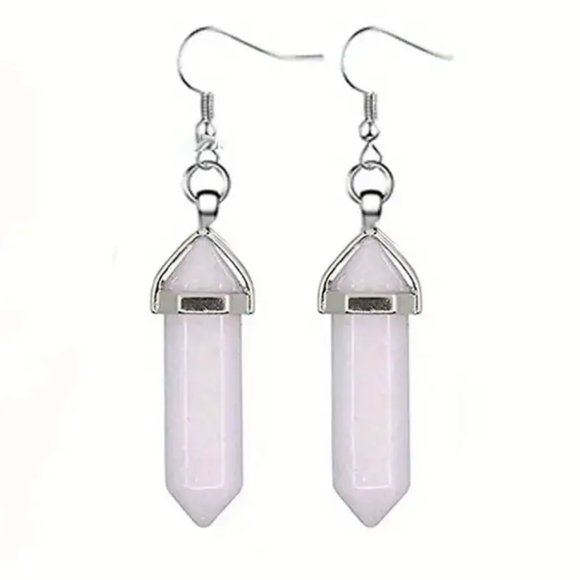 Rose Quartz Natural Stone Gemstone Handmade Hexagon Point Dangle Earrings - Picture 2 of 2